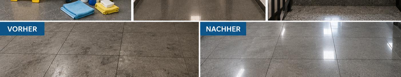 Vorher-Nachher-Vergleich eines gereinigten Fliesenbodens