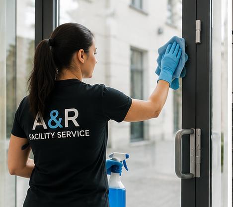 Mitarbeiterin von A&R Facility Service reinigt eine Glastür